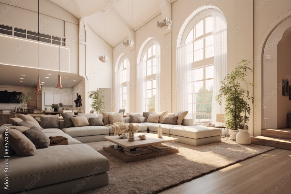 Luxurious living room with wooden sleek design, chic sofa, hardwood floors and details