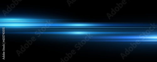 Abstract horizontal light effect on black background. Bright blue lens flare. Vector illustration.