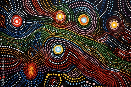 Australia culture art with river and tortoise, sea life. Aboriginal style painting. Generative Ai. photo