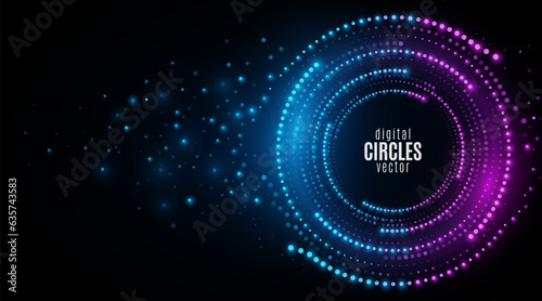 Digital circles of glowing dots. Big data visualization into cyberspace with swirl energy. Disintegration of information particles in the network. Modern tech background.