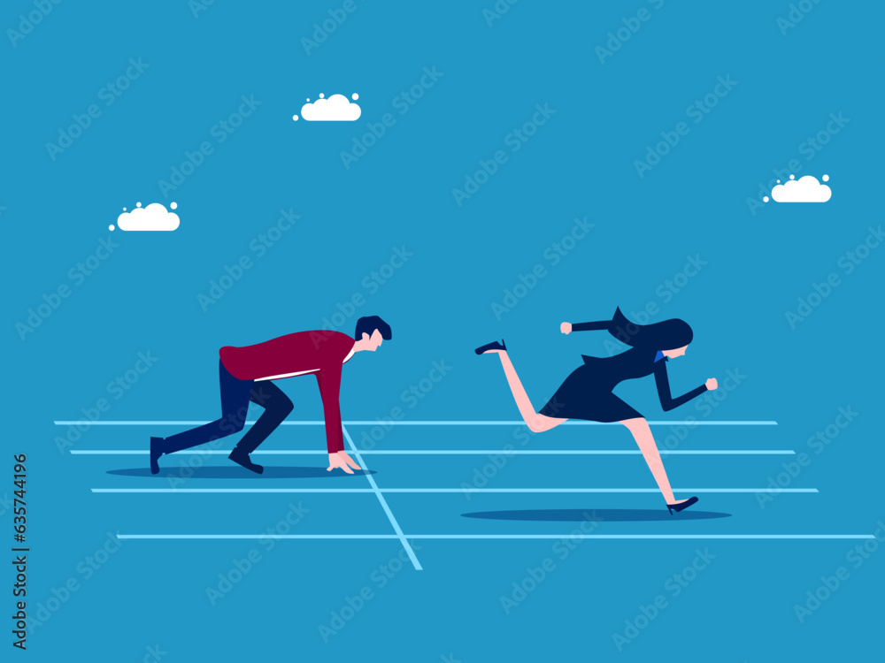 Start early or business advantage. Businesswoman starts running ahead of competitors vector
