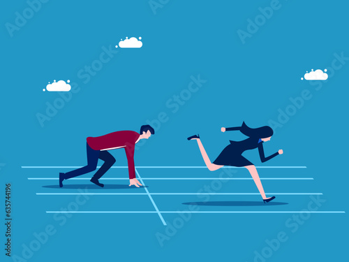 Start early or business advantage. Businesswoman starts running ahead of competitors vector