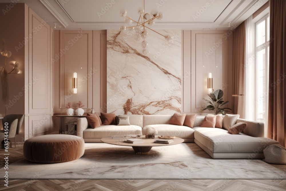 Fototapeta premium Lavish Living Room and Dining room with Designer Furniture, High Ceilings, and Elegant Decorative Accents.