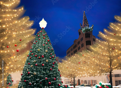 Christmas tree with lights outdoors at night in Kiev. Sophia Cathedral on background. New Year Celebration