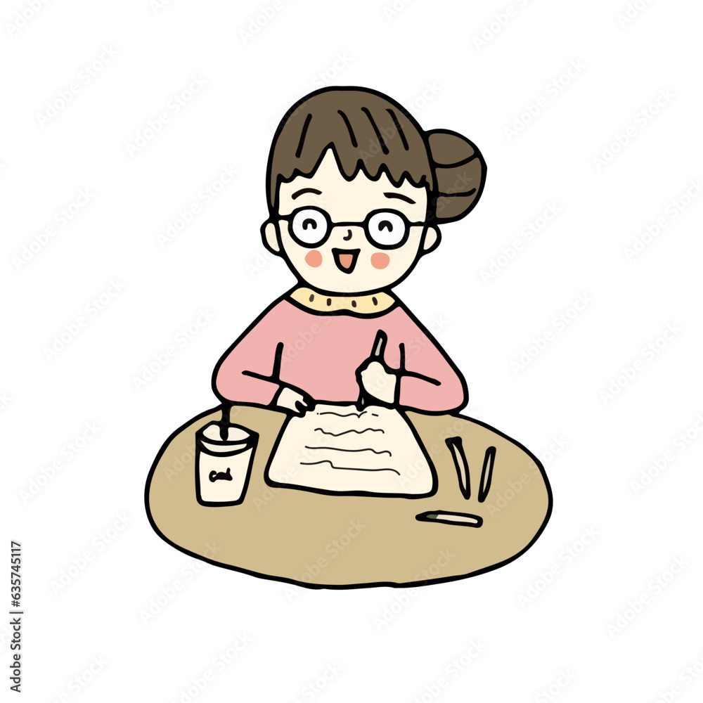 Happy woman sit at table writing letter. Happy girl at table handwriting on paper making notes. Hand drawn style vector illustration.