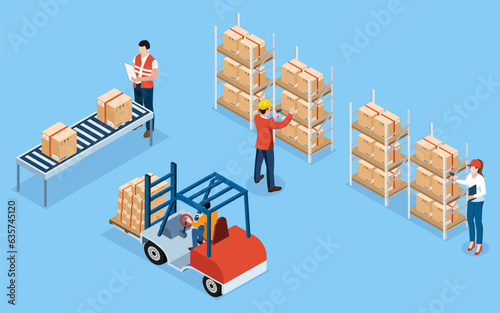 A Male and Female warehouse worker scans bar codes on newly delivered items to examine them and determine where they should be placed in the storage department. Vector illustration EPS 10