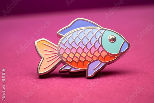 A pastel-colored geometric-themed fish enamel pin with geometric scales and pastel colors, serving as a stylish accessory or collectible item. Generative AI technology.