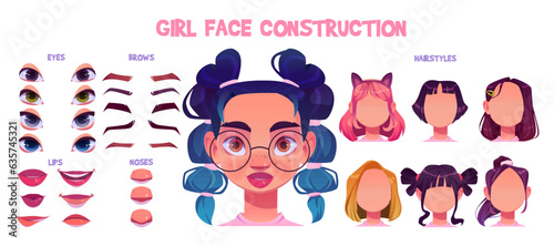 Girl character face avatar construction for animation. Isolated female mouth, brow, lips, nose and hairstyle set to create young person. Generator for lady with brunette ponytail or blue kanekalon