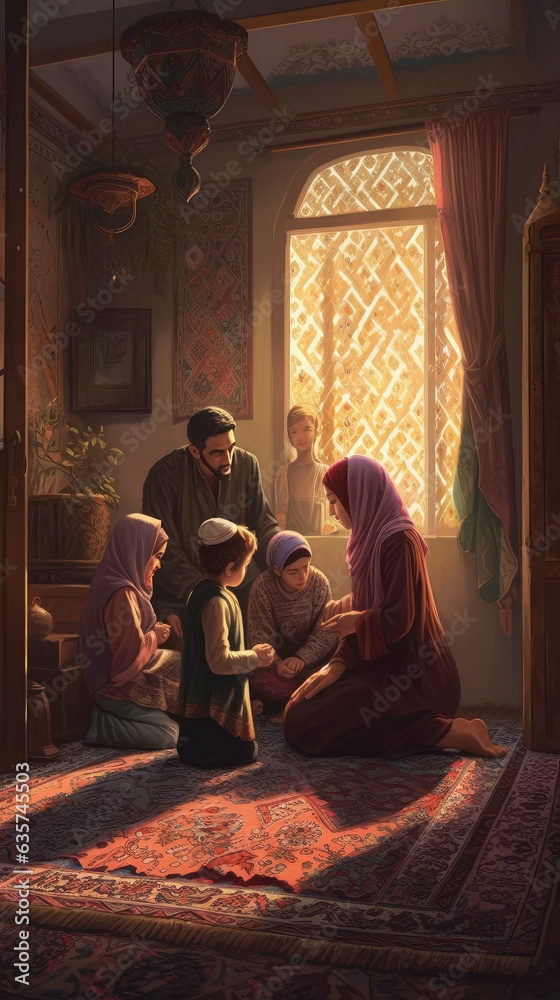Islamic Prayers: Muslim Family Performing Salah Together Illustration