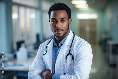 Portrait of smiling young male doctor holding digital tablet standing against window at hospital corridor