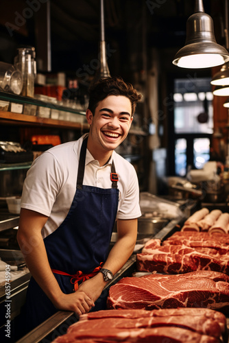 Young smiling woman/man butcher standing at the meat counter. AI generativ.