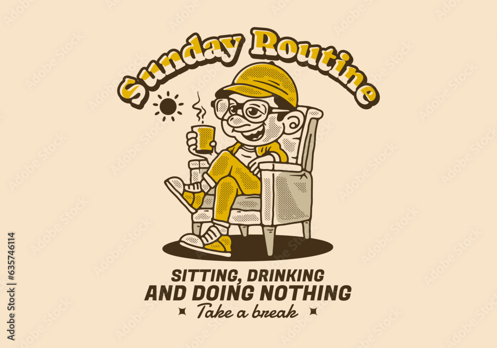 Sunday routine, sitting drinking and doing nothing, a man relaxing on a chair and holding a cup of coffee Sunday routine, sitting drinking and doing nothing, a man relaxing on a chair and holding a cup of coffee
