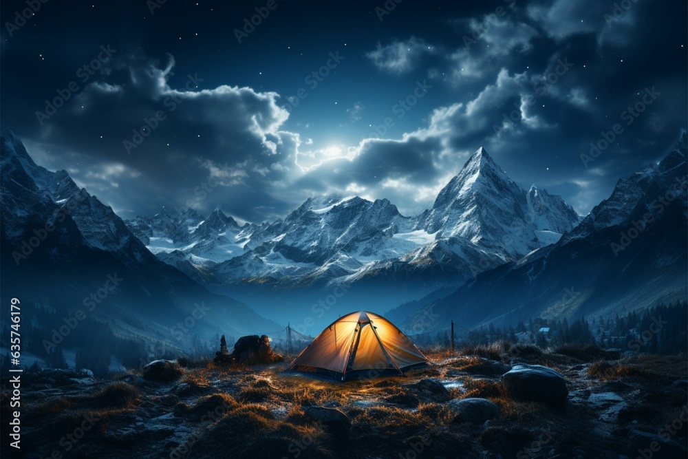 Alpine night camping Tent beneath stars, surrounded by towering peaks and tranquility Generative AI