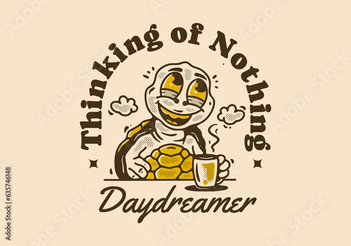 Daydreamer thinking of nothing, mascot character of turtle drink a coffee while daydreaming