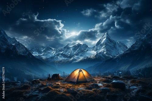 Alpine night camping Tent beneath stars, surrounded by towering peaks and tranquility Generative AI © Jawed Gfx