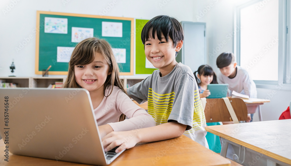 Portrait of Asian boy caucasian girl using computer to learn lessons in elementary school. Student boy studying in primary. Gadgets in classroom. Education knowledge, technology internet network. Portrait of Asian boy caucasian girl using computer to learn lessons in elementary school. Student boy studying in primary. Gadgets in classroom. Education knowledge, technology internet network.
