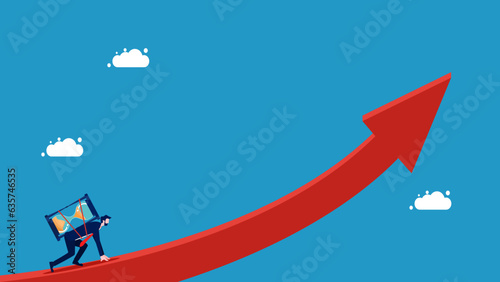 Long term investment. Businessman with hourglass preparing to run on growth chart vector illustration