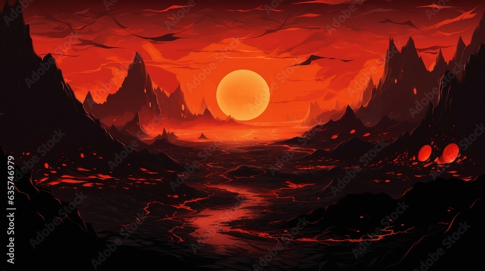 An illustration of a red and orange sunset with a mountain in the background AI Generated