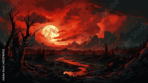 An illustration of a landscape after a cataclysmic event with red sunset AI Generated