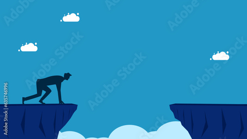 challenges against obstacles. Daring man on cliff gap vector