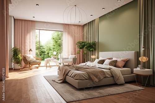 Modern, pale green and pink bedroom. Close up details of contemporary design of bedroom.