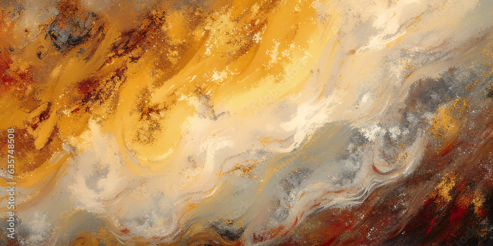 Autumn thanksgiving wave painted brush strokes, art texture background. Abstract fall yellow, brown, golden earth tones painting backdrop. Illustration for web, mobile, thanksgiving dinner invitation. - obrazy, fototapety, plakaty 