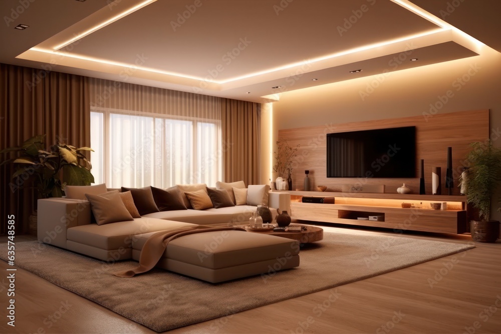 Fototapeta premium Elegant living room with a close-up of a comfortable sofa, area rug, and contemporary modern furniture. 3d accent walls and LED lights