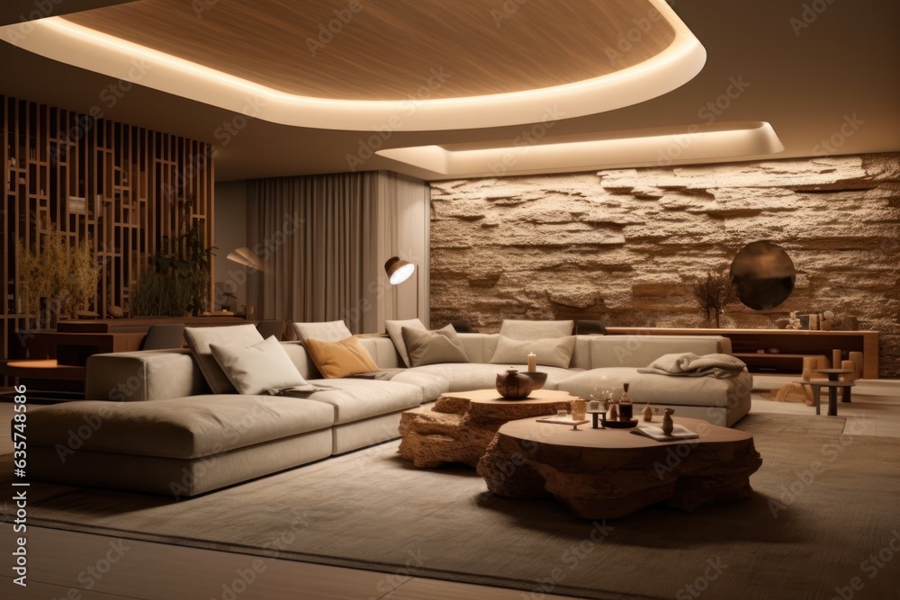 Elegant living room with a close-up of a comfortable sofa, area rug, and contemporary modern furniture. 3d accent walls and LED lights