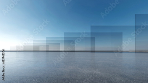 3d render of abstract futuristic glass architecture with empty concrete floor. photo