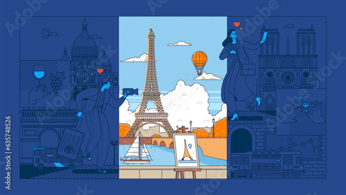 Couple of tourists travel and sightseeing Paris, vacation trip to France, modern people scene. Vector illustration in outline graphic style