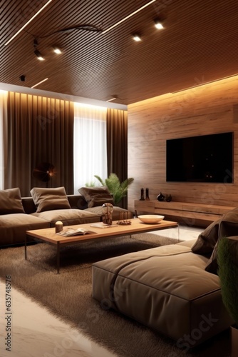 Elegant living room with a close-up of a comfortable sofa, area rug, and contemporary modern furniture. 3d accent walls and LED lights