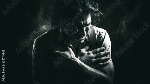 An intense black and white image showing a person clutching their chest in agonizing pain, their face contorted with distress