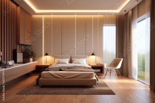Modern, pale colors bedroom. Close up details of contemporary design of bedroom with upholstery walls and wooden furniture.. © aboutmomentsimages