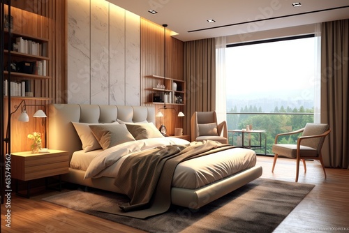 Modern, pale colors bedroom. Close up details of contemporary design of bedroom with upholstery walls and wooden furniture.. © aboutmomentsimages