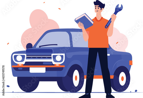 Hand Drawn Car mechanic checking car equipment at the garage in flat style