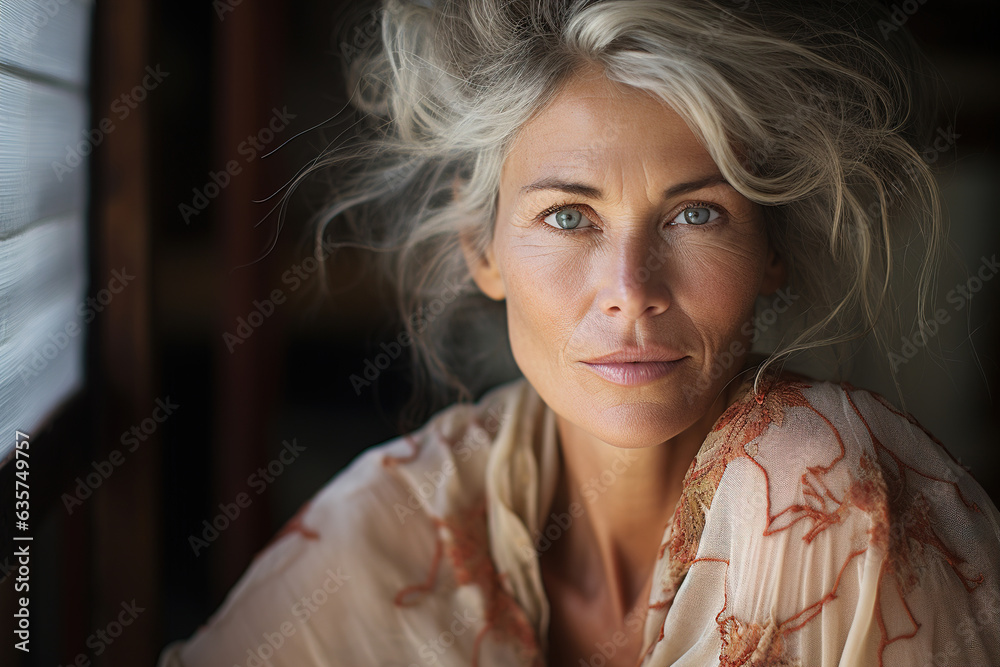 Portrait attractive middle aged woman with wrinkles and gray hair looking at camera, beautiful stylish senior caucasian model posing sitting indoors. Natural beauty, skin care Portrait attractive middle aged woman with wrinkles and gray hair looking at camera, beautiful stylish senior caucasian model posing sitting indoors. Natural beauty, skin care