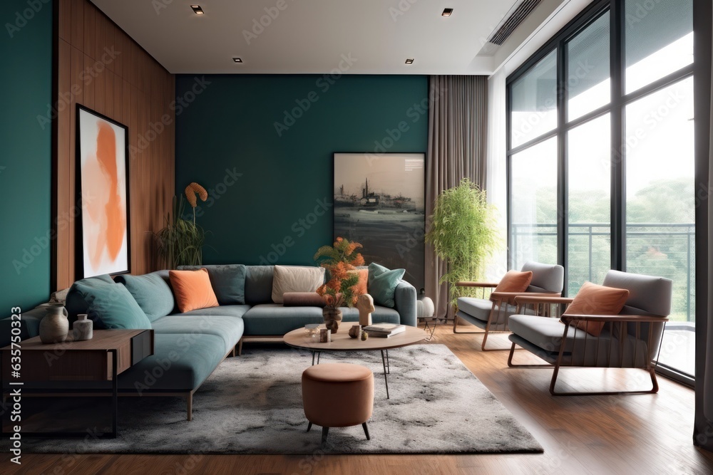 Fototapeta premium Luxury living room in house with modern interior design, velvet sofa, coffee table, pouf, gold decoration, plant, lamp, carpet, mock up poster frame and elegant accessories. 3d render.