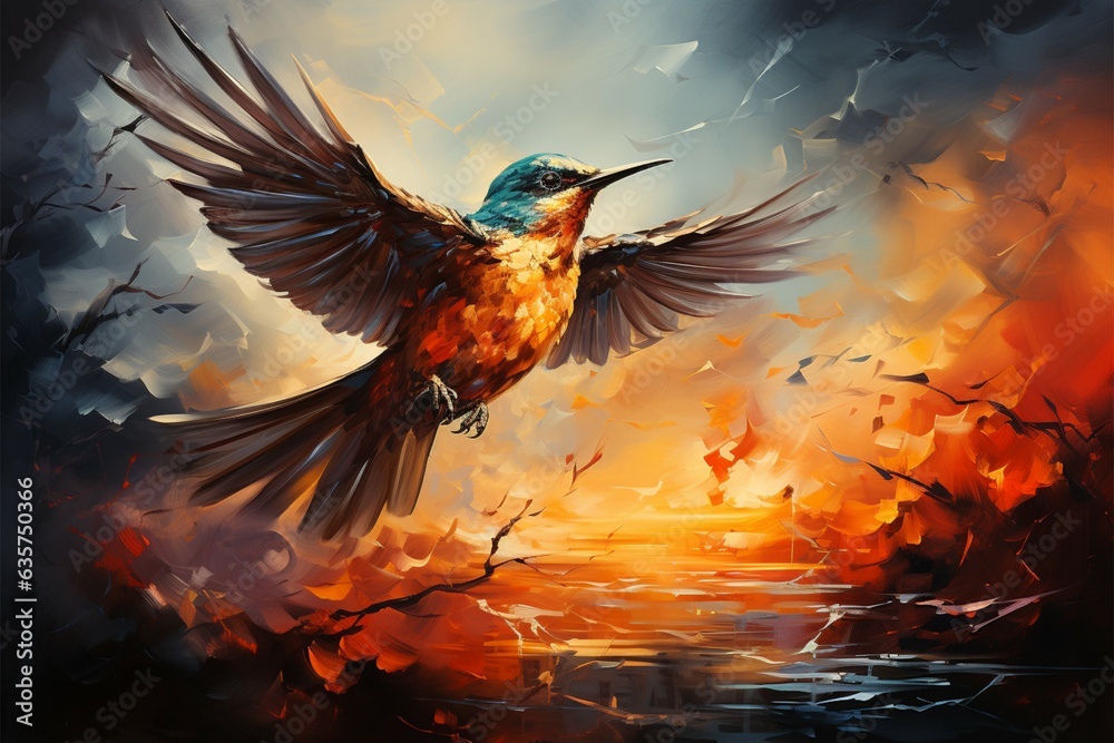 Fototapeta premium Avian twilight Abstract bird emerges in sunlit clouds during vibrant sunset Generative AI