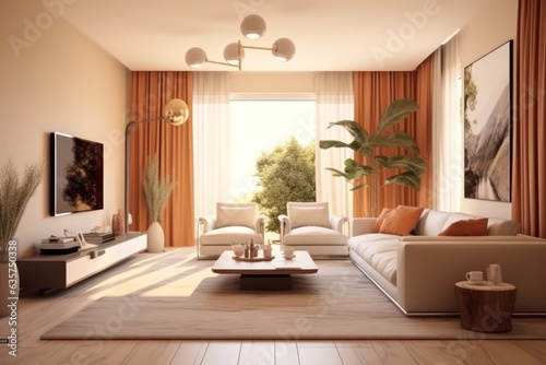 Luxury living room in house with modern interior design, velvet sofa, coffee table, pouf, gold decoration, plant, lamp, carpet, mock up poster frame and elegant accessories. 3d render.