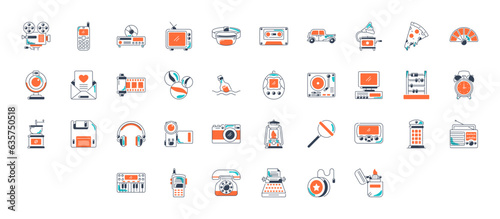 Collection of nostalgic retro gadgets games and devices. Vector illustration. 90s Trendy cartoon illustrations for graphic designs 
