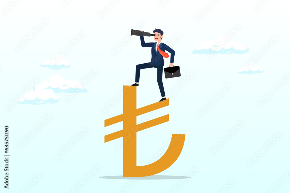 Smart confident businessman standing on Lira money sign using telescope to see future prediction, vision for global financial or economy, business opportunity or investment forecast (Vector)