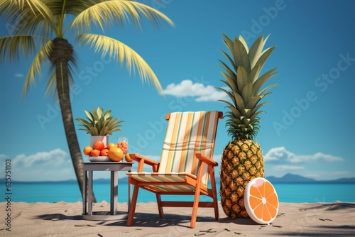beach chair with umbrella palm tree lifebuoy seaside pineapple  sunglasses suitcase isolated on blue sky background summer travel concept Generative AI