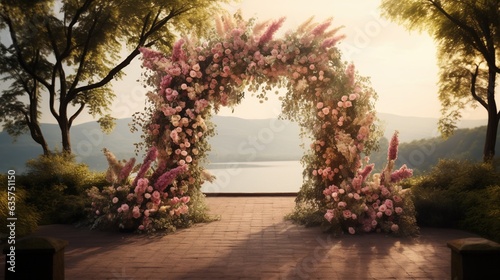 Generative AI  Wedding ceremony boho rustic style arch with flowers and plants  flower bouquets..