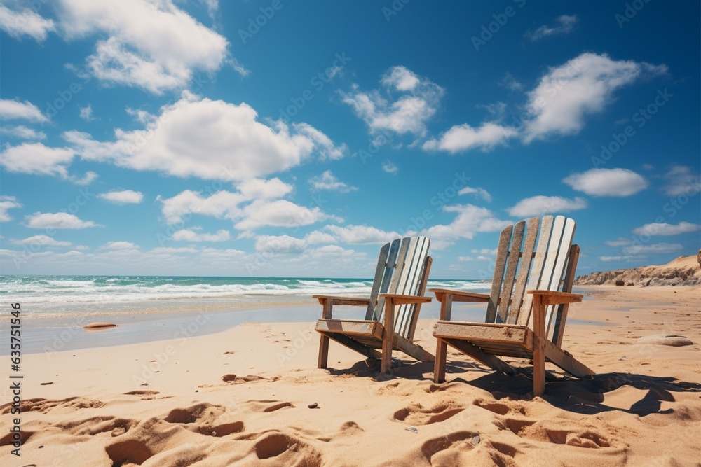 Beach chairs on the white sand beach with cloudy blue sky and sun Generative AI