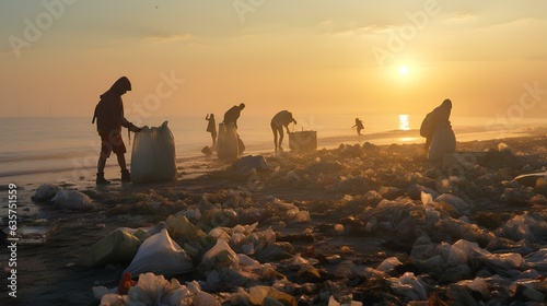 A group of volunteer volunteers are engaged in cleaning the beach from garbage, the concept of ecology, the global problem of environmental pollution, eco activists.