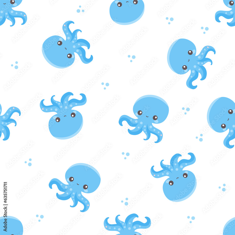 Seamless vector pattern on white background. Cute blue octopuses and water bubbles . Vector illustration