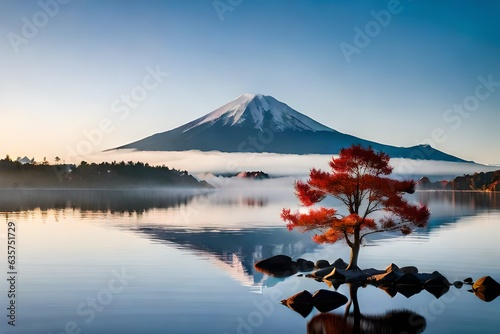 mountain in autumn , Colorful Autumn Season and Mountain Fuji with morning fog and red leaves at lake