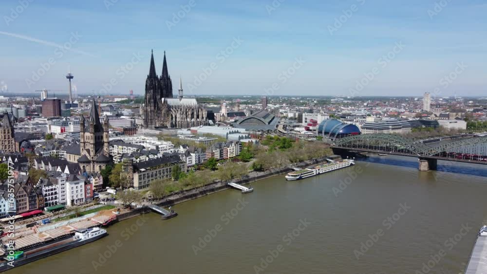 Aerial View Capturing Cologne's Buildings Amidst Riverfront Charms and the Iconic Cathedral. Aerial View Capturing Cologne's Buildings Amidst Riverfront Charms and the Iconic Cathedral.
