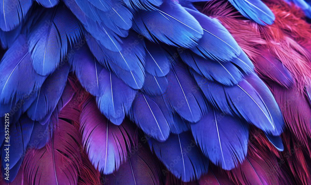 Fototapeta premium Feathers soft background. Purple bird feathers. For banner, postcard, book illustration. Created with generative AI tools