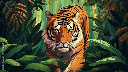An illustration of tiger prowling through the lush jungle AI Generated